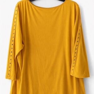Ruby Rd Mustard Studded Sleeve Top XL Stretch Blouse Gold Detail